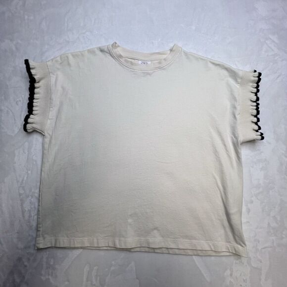 Zara Tops - Zara Shirt 11-12 Medium Ivory Crew Neck Short Sleeve Ruffles Opening Stretch